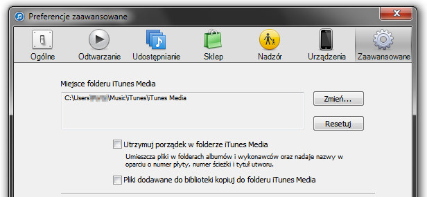 iTunes - zmiana folderu iTunes Media