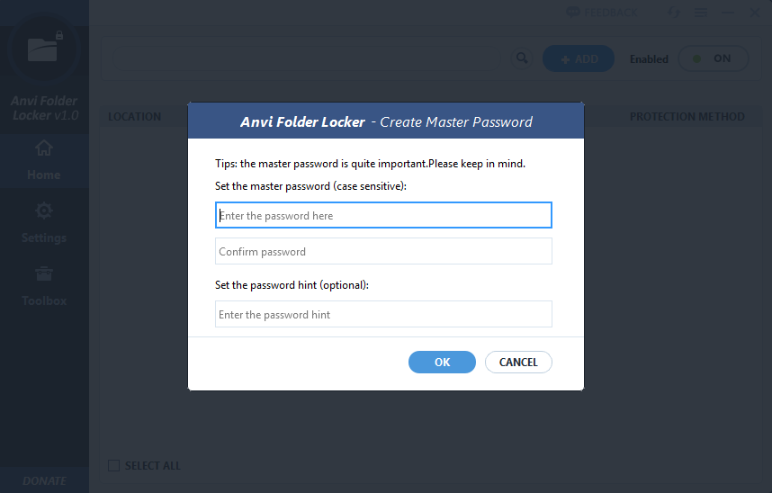 AnviSoft Folder Locker - wybór głównego hasła