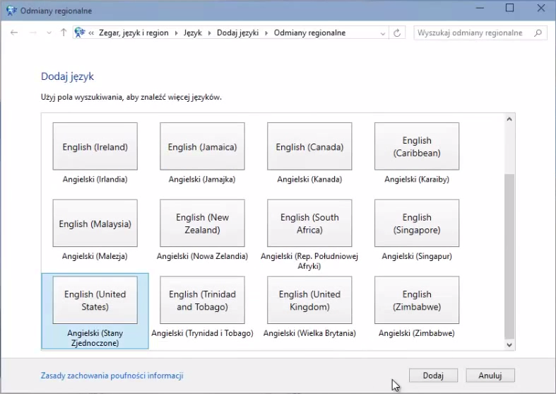 Dodawanie nowego języka klawiatury w Windows 10