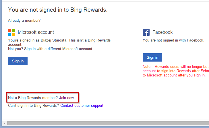 Logowanie się do programu Bing Rewards