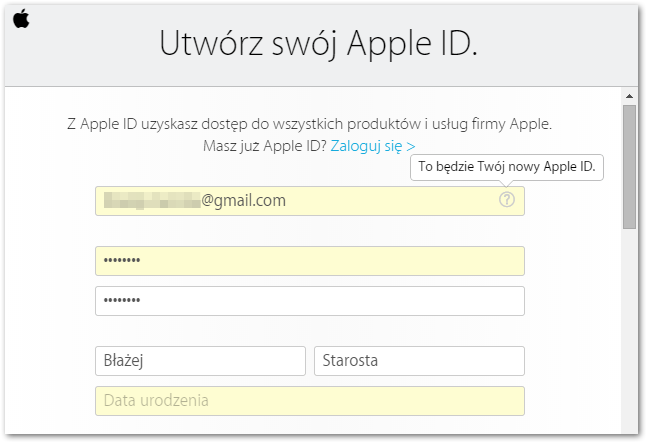 Tworzenie nowego konta Apple ID