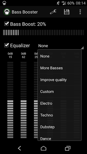 Główny ekran aplikacji Bass Booster