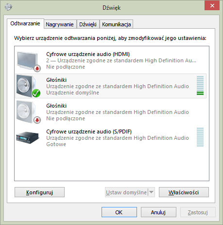 Ustawienia dźwięku w Windows 8