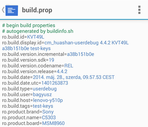 Podgląd dokumentu build.prop w Xperii SP