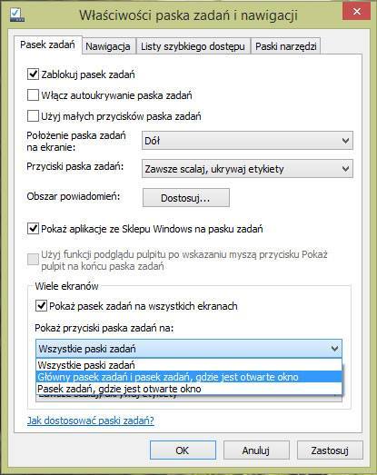 Właściwości paska zadań i nawigacji w Windows 8.1