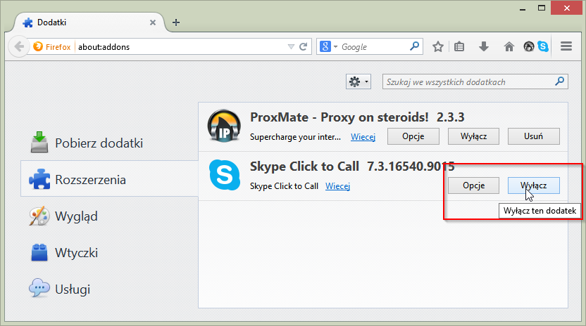 Wyłączanie dodatku Skype Click to Call w Firefoksie