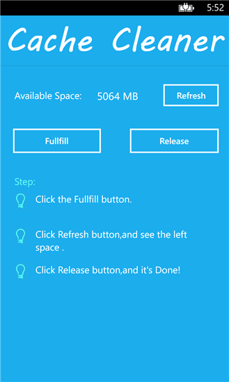 Interfejs aplikacji Cache Cleaner w Windows Phone