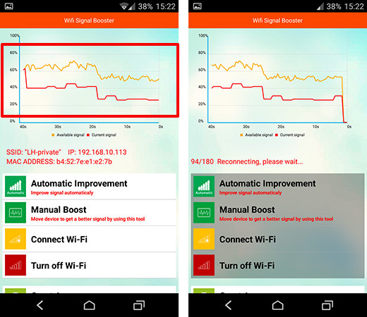 WiFi Signal Booster - ekran aplikacji wraz z wykresem sygnału