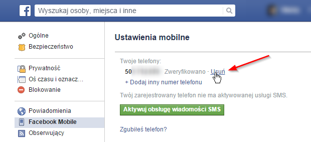 Facebook - usuwanie numeru telefonu