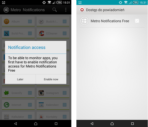 Aktywacja dostępu do powiadomień przez Metro Notifications