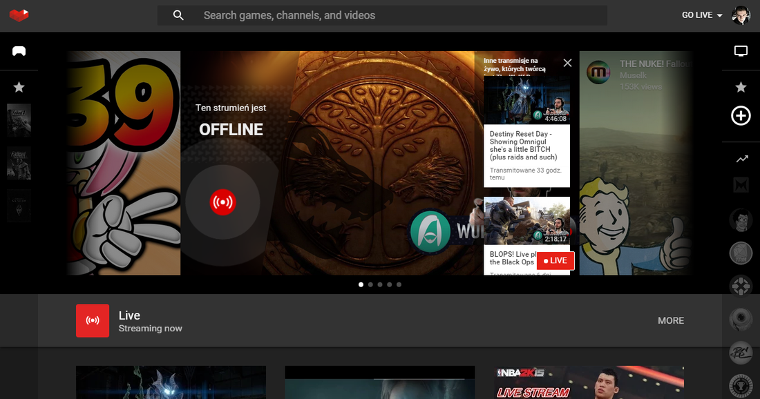 YouTube Gaming - główny ekran serwisu