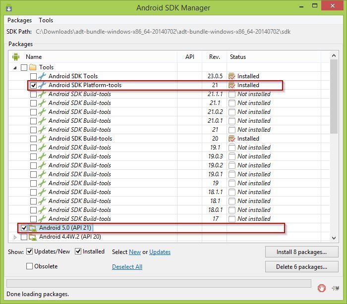 SDK Manager - instalacja wymaganych elementów