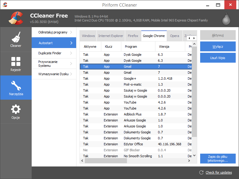 CCleaner - ustawienia wtyczek Chrome
