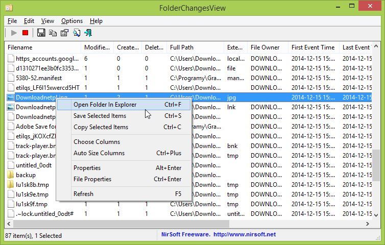 FolderChangesView - menu kontekstowe