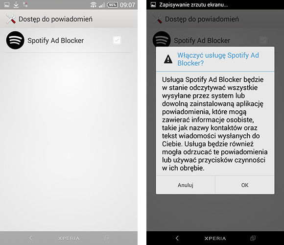 Spotify Ad Blocker - aktywacja dostępu do powiadomień