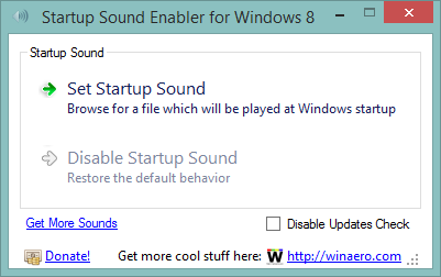 Okno aplikacji Startup Sound Enabler for Windows 8