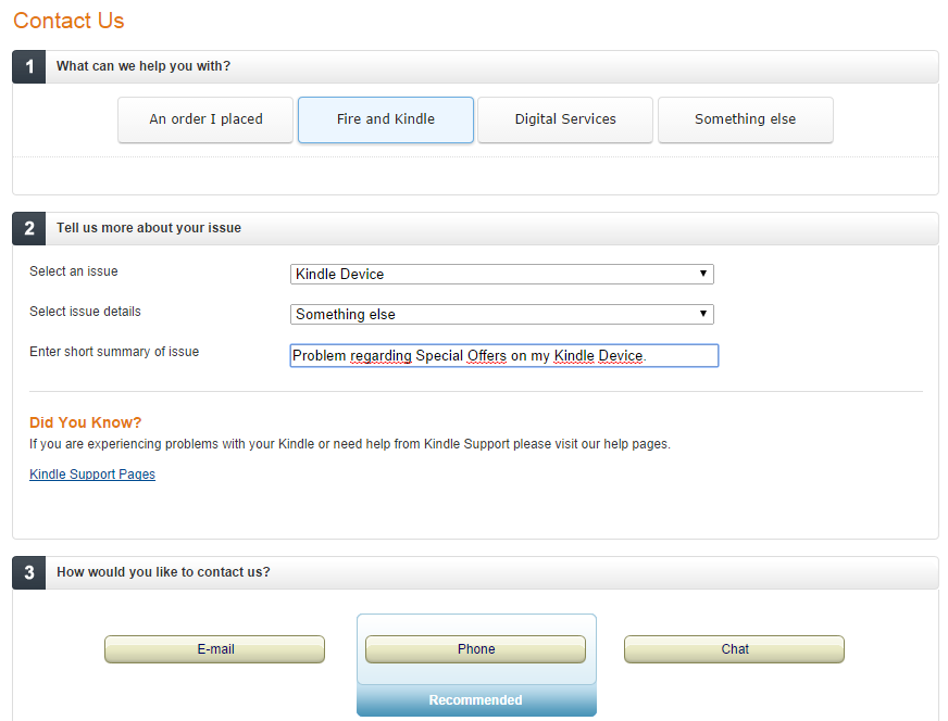 Formularz kontaktowy z Amazonem w sprawie reklam w Kindle