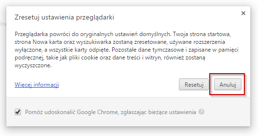 Anulowanie resetu przeglądarki Chrome