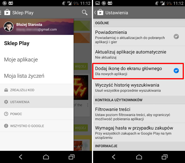 Ustawienia Sklepu Play w Androidzie