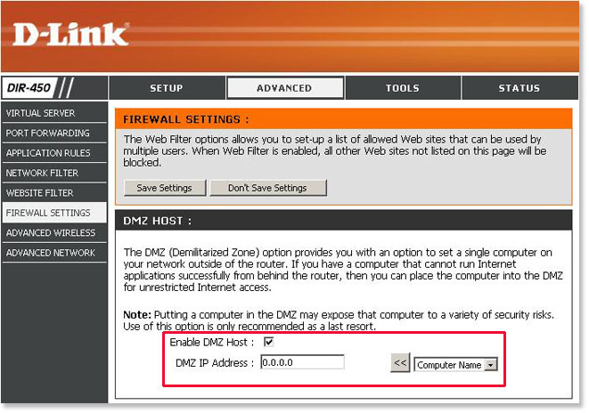 D-Link - ustawienia strefy DMZ