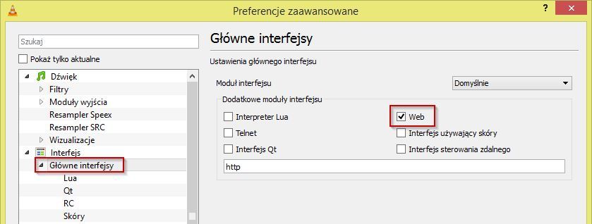 Ustawienia VLC - interfejs i funkcja Web