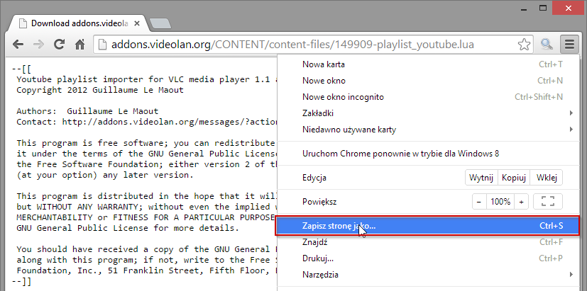 Pobieranie dodatku do VLC w Chrome