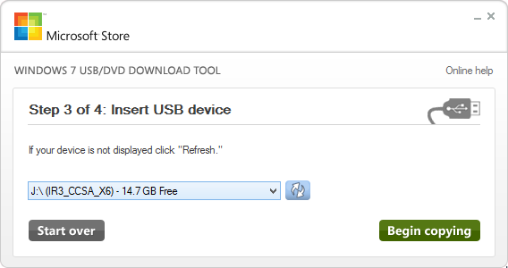Wybór napędu w Windows 7 USB/DVD Download Tool