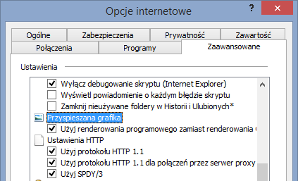 Wyłączanie akceleracji sprzętowej w Internet Explorer