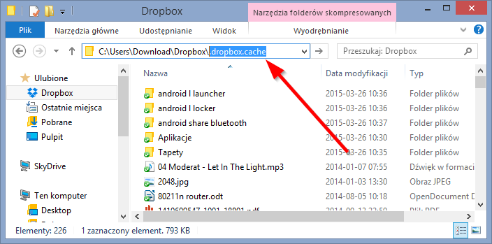 Dropbox - przejście do folderu cache