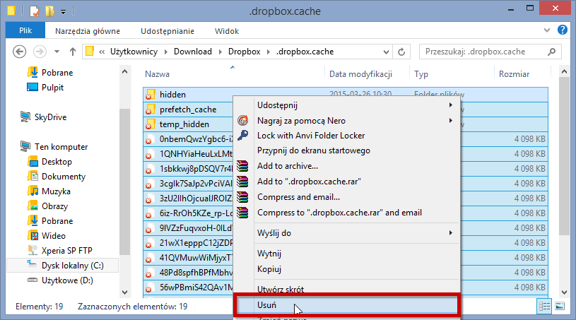 Usuwanie plików cache z Dropboksa