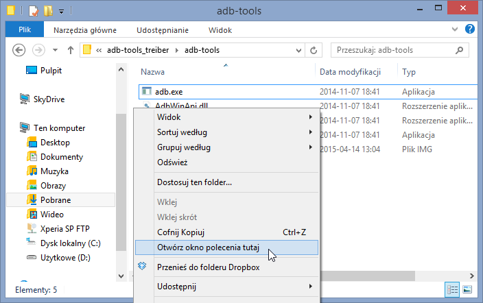 Otwieranie okna polecenia w folderze adb-tools