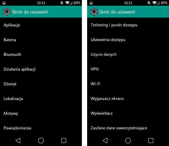Android - wybór sekcji ustawień do utworzenia skrótu