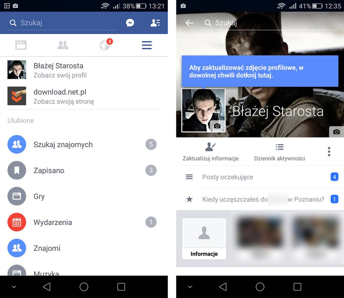 Facebook - przejście na swój profil w Androidzie