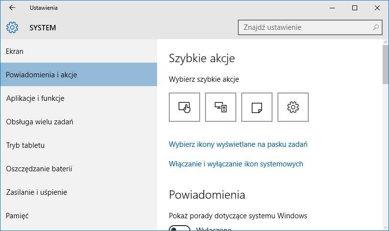 Ustawienia powiadomień i akcji w Windows 10