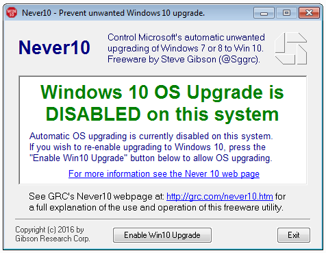 Never10 - okno programu z wyłączonymi aktualizacjami