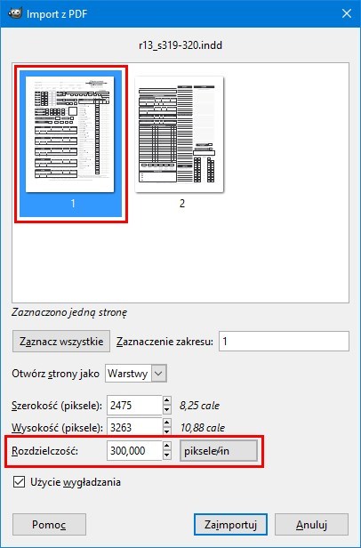 GIMP - opcje importu z PDF