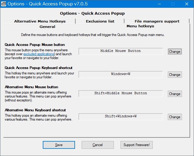 Quick Access Popup - edycja skrótów klawiszowych