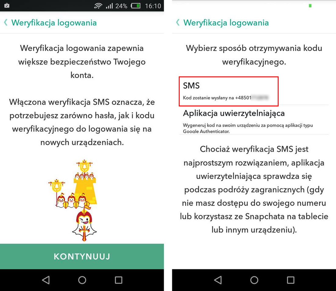Snapchat - autoryzacja przez SMS