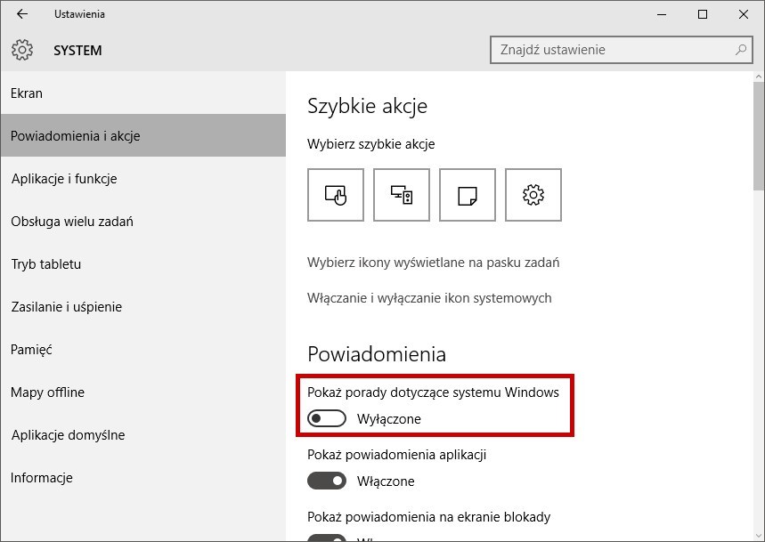 Wyłączenie porad w Windows 10