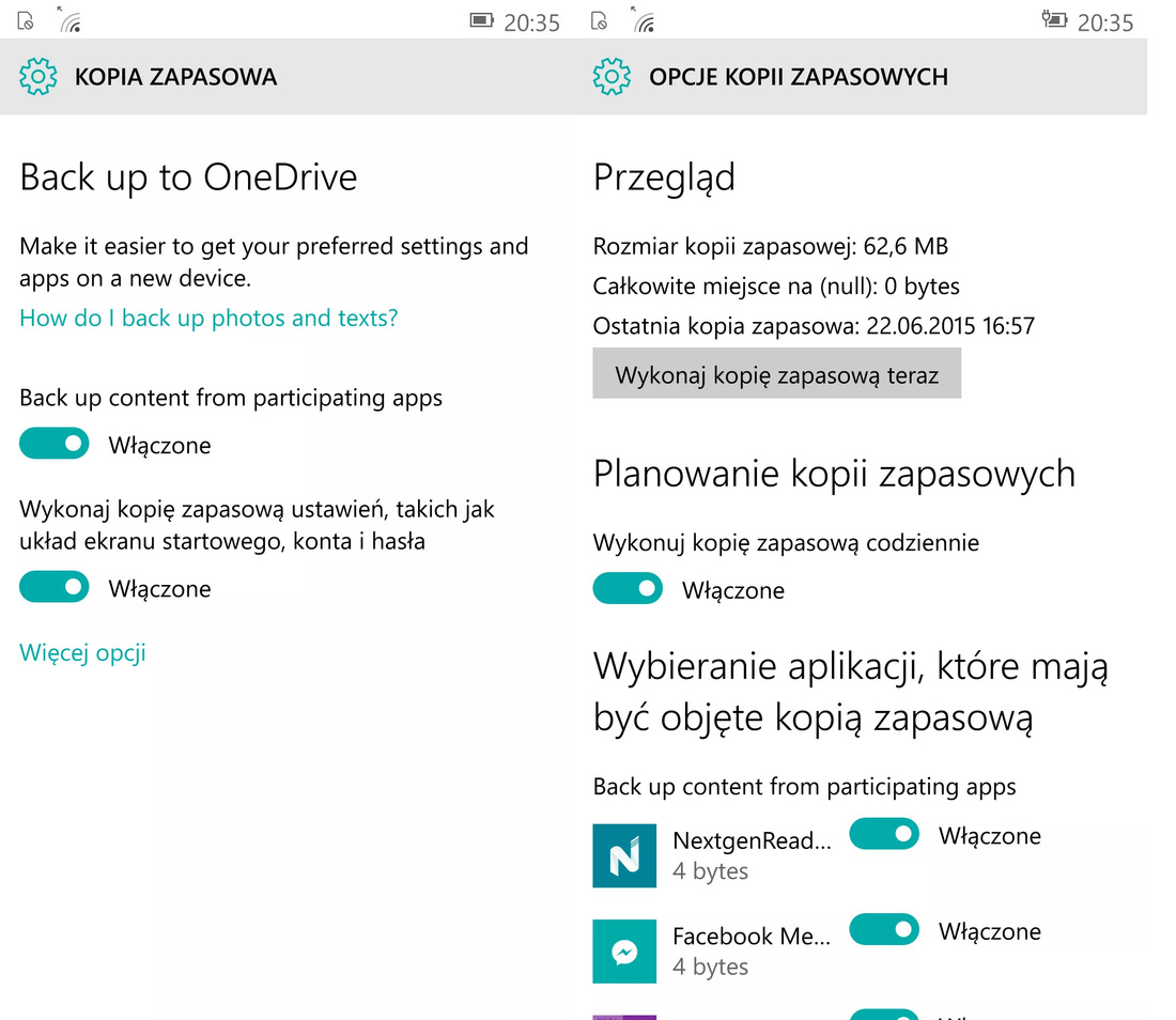 Opcje kopii zapasowej - OneDrive