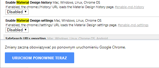 Chrome - wyłącz interfejs Material Design w ustawieniach i historii