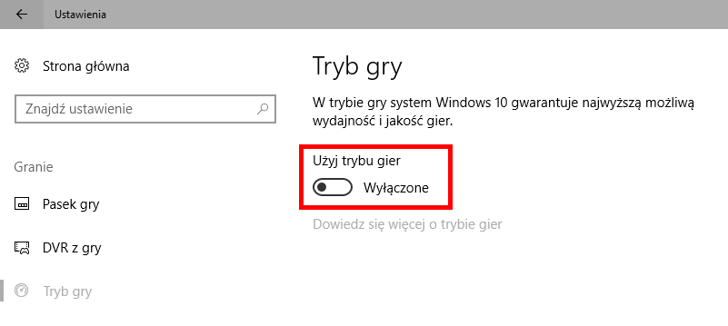Wyłącz tryb gier w Windows 10 Creators Update