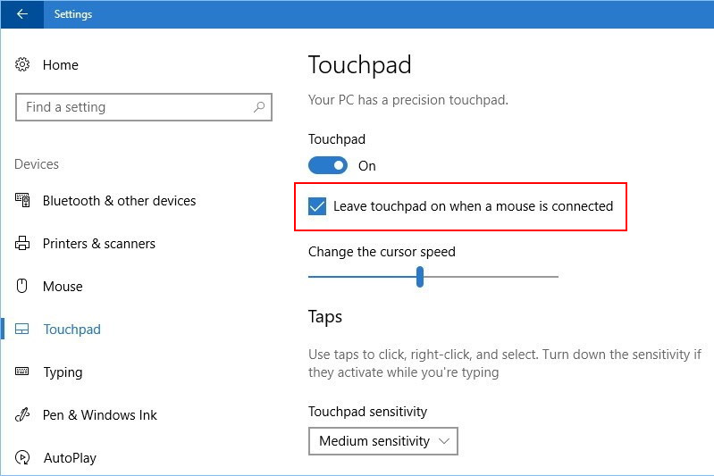 Ustawienia touchpada w Windows 10 Creators Update