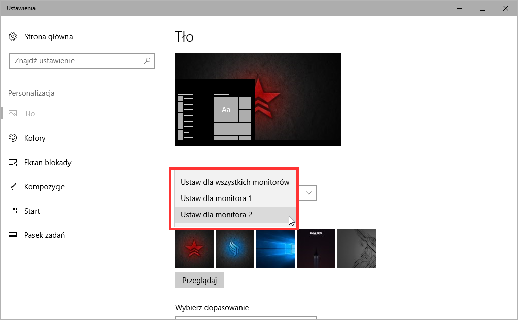 Wybór ekranu dla tapety w Windows 10