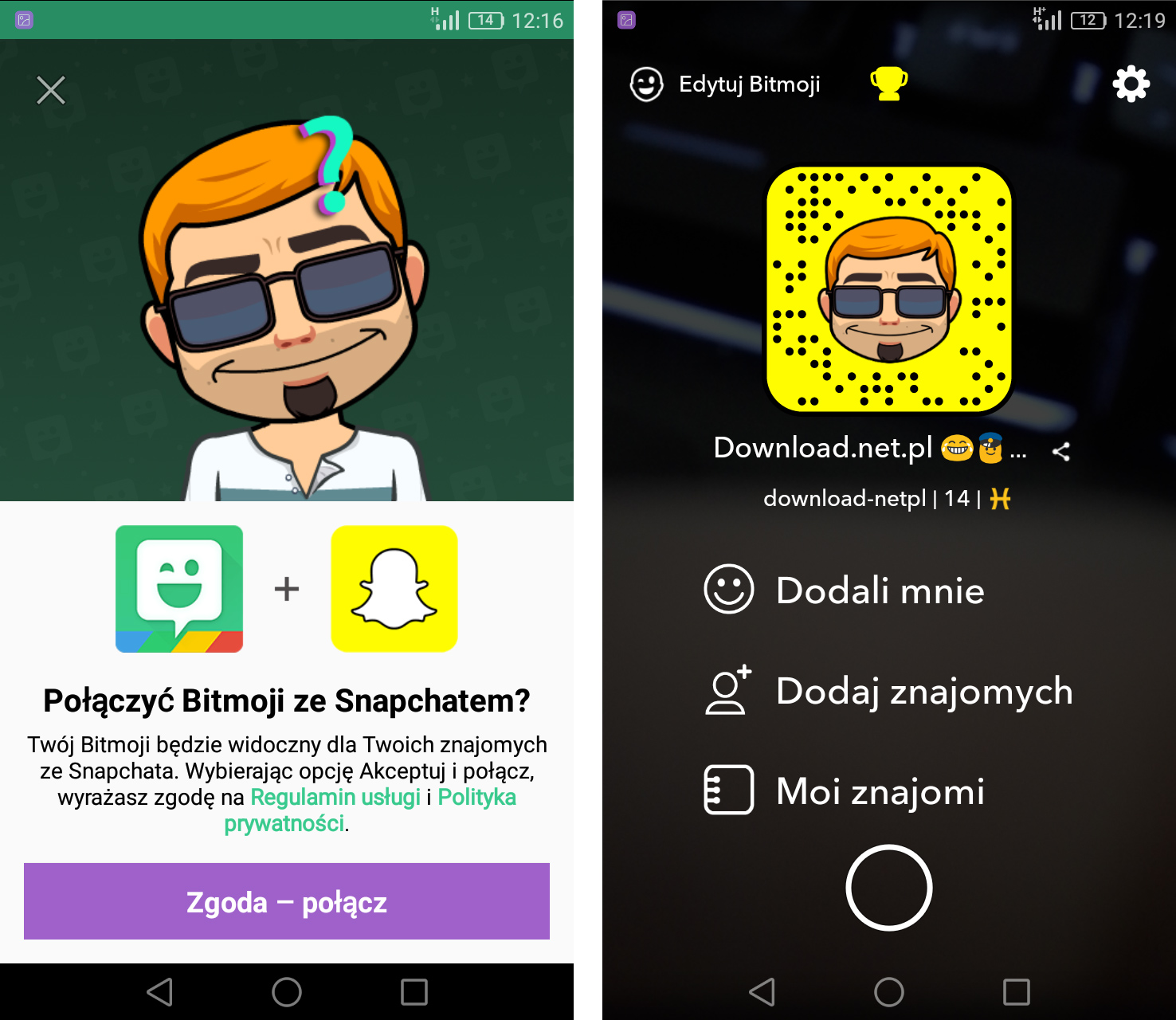 Podłączanie Bitmoji do Snapchata