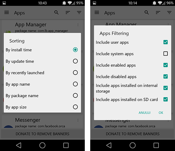 Sortowanie i filtrowanie aplikacji w App Manager