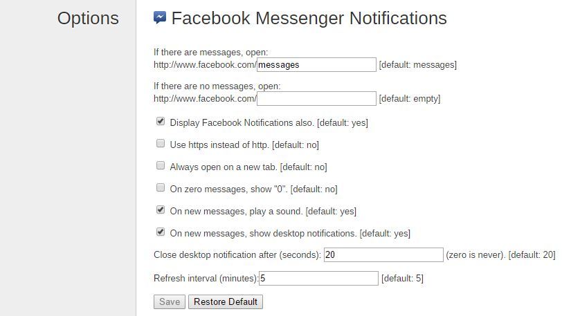 Opcje rozszerzenia Facebook Messenger Notifications