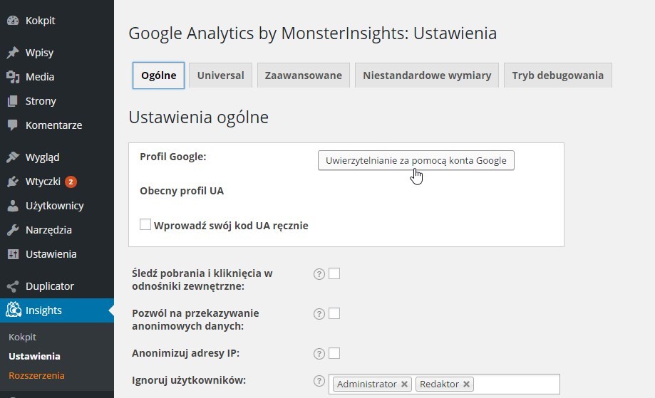 Uwierzytelnianie za pomocą konta Google we wtyczce Google Analytics