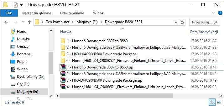 Pobrane i rozpakowane pliki potrzebne do downgrade Honor 6