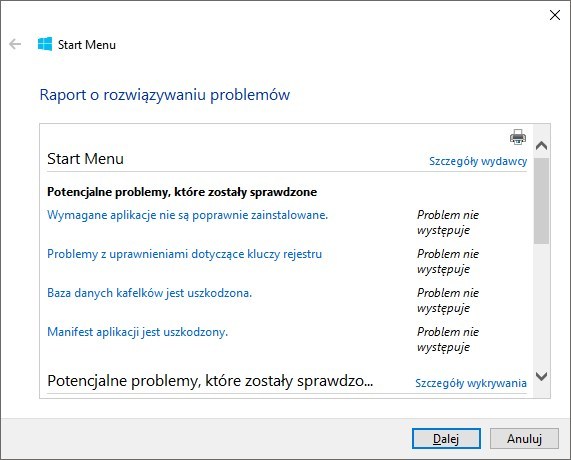 Wynik skanowania przez narzędzie do naprawy menu Start w Windows 10